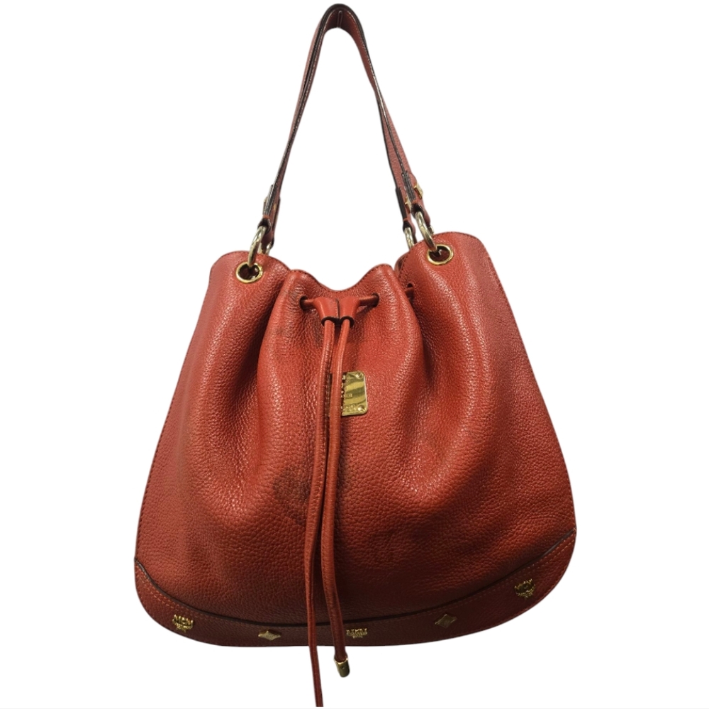 Authentic MCM pebbled leather drawstring bucket bag Red